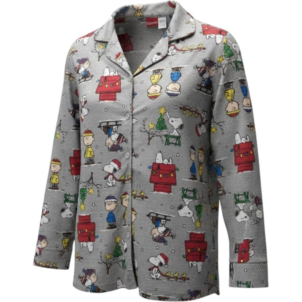 Peanuts Snoopy Christmas Pajama Set Womens L Flannel Button Up 2 Piece
